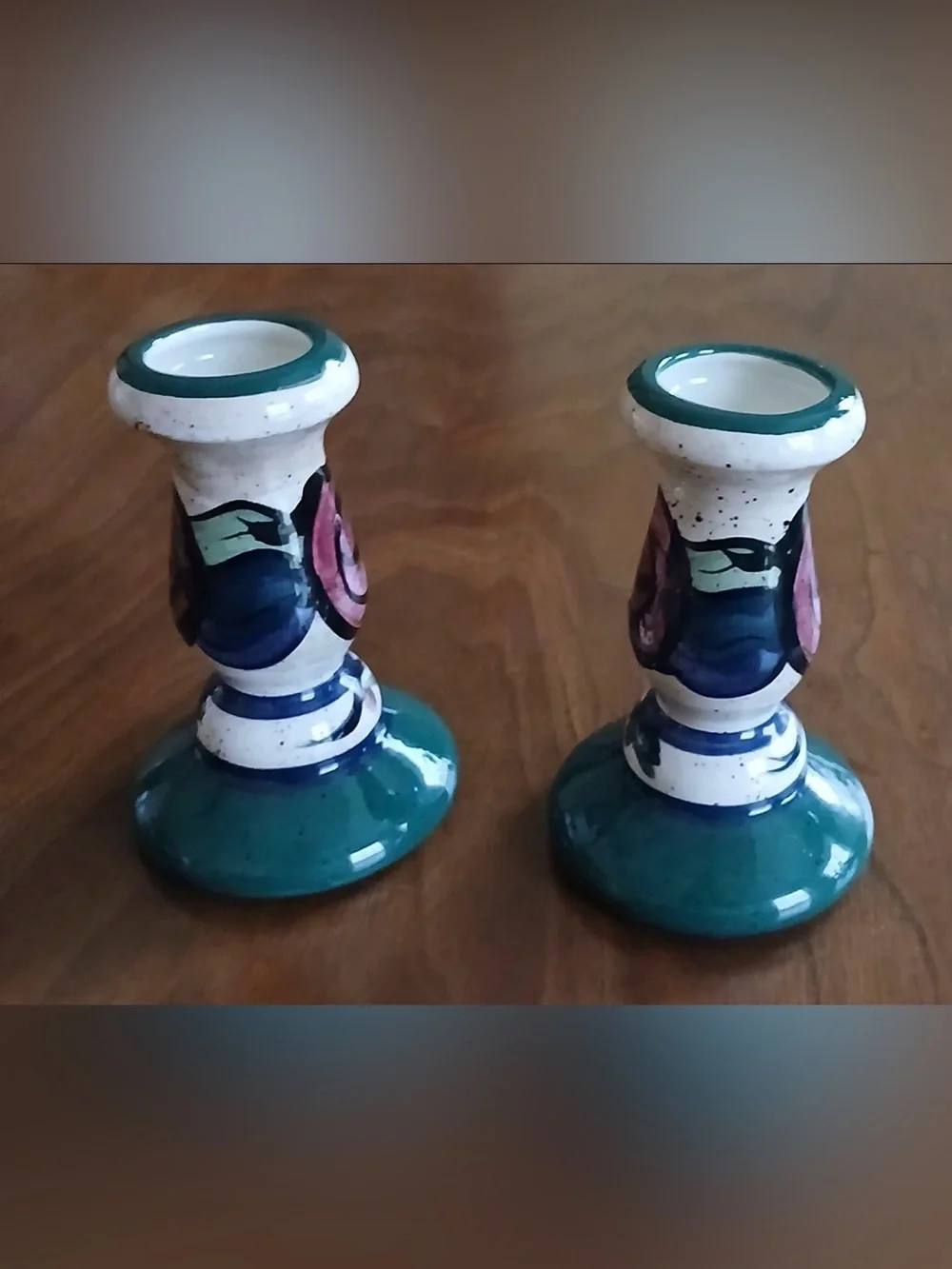 Hand Painted Signed Candle Sticks Holders Flowers Glazed Farmstyle